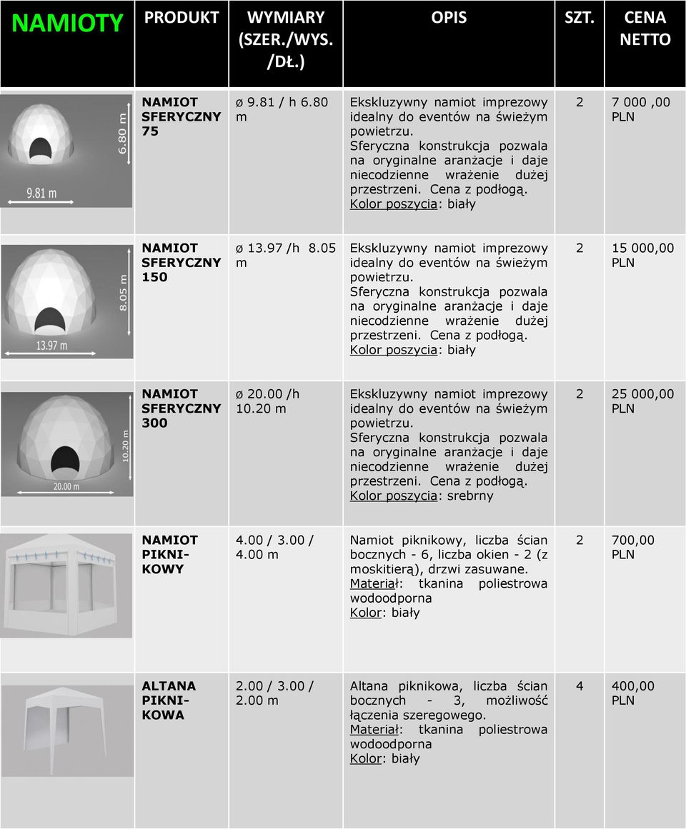 05 m Ekskluzywny namiot imprezowy idealny do eventów na świeżym powietrzu. Sferyczna konstrukcja pozwala na oryginalne aranżacje i daje niecodzienne wrażenie dużej przestrzeni. Cena z podłogą.