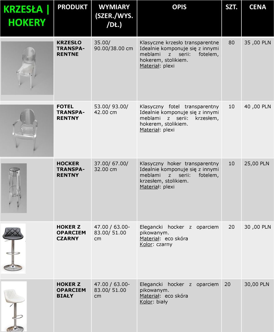 Materiał: plexi 10 40,00 HOCKER TRANSPA- RENTNY 37.00/ 67.00/ 32.00 cm Klasyczny hoker transparentny Idealnie komponuje się z innymi meblami z serii: fotelem, krzesłem, stolikiem.