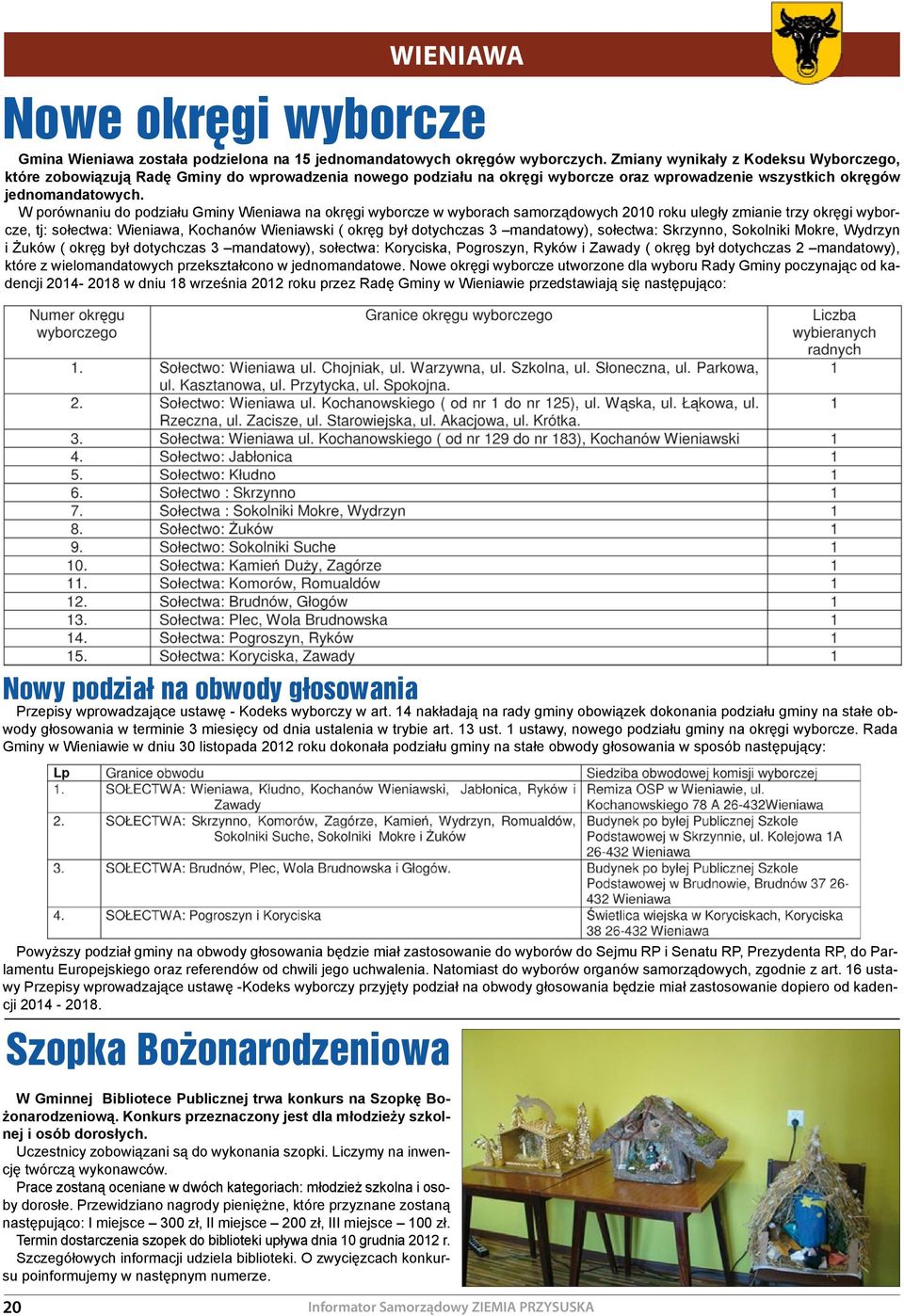 W porównaniu do podziału Gminy Wieniawa na okręgi wyborcze w wyborach samorządowych 2010 roku uległy zmianie trzy okręgi wyborcze, tj: sołectwa: Wieniawa, Kochanów Wieniawski ( okręg był dotychczas 3