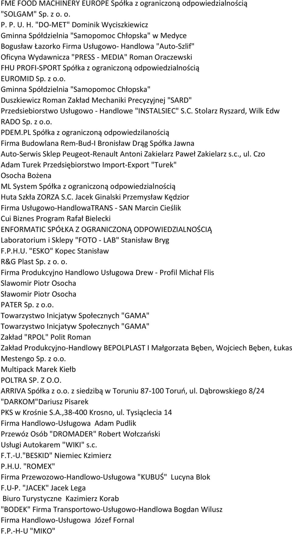 PROFI-SPORT Spółka z ograniczoną odpowiedzialnością EUROMID Sp. z o.o. Gminna Spółdzielnia "Samopomoc Chłopska" Duszkiewicz Roman Zakład Mechaniki Precyzyjnej "SARD" Przedsiebiorstwo Usługowo - Handlowe "INSTALSIEC" S.