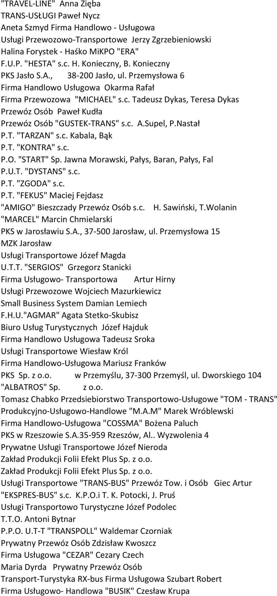 c. A.Supel, P.Nastał P.T. "TARZAN" s.c. Kabala, Bąk P.T. "KONTRA" s.c. P.O. "START" Sp. Jawna Morawski, Pałys, Baran, Pałys, Fal P.U.T. "DYSTANS" s.c. P.T. "ZGODA" s.c. P.T. "FEKUS" Maciej Fejdasz "AMIGO" Bieszczady Przewóz Osób s.