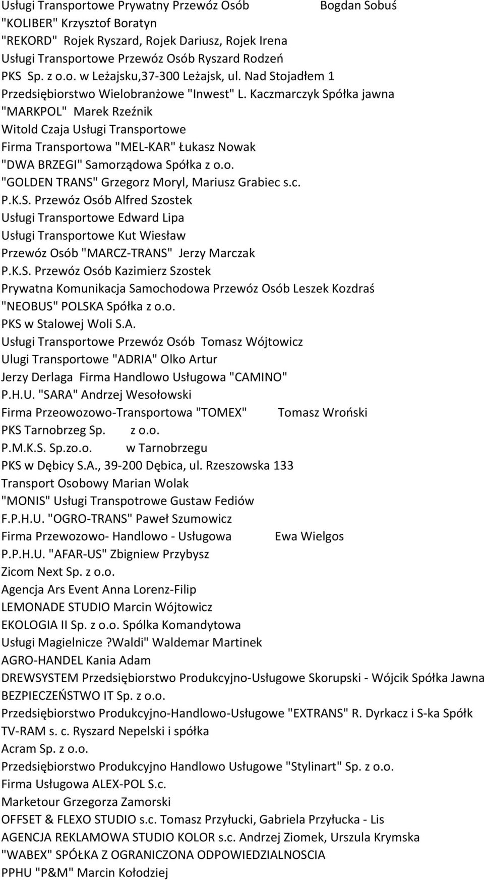 Kaczmarczyk Spółka jawna "MARKPOL" Marek Rzeźnik Witold Czaja Usługi Transportowe Firma Transportowa "MEL-KAR" Łukasz Nowak "DWA BRZEGI" Samorządowa Spółka z o.o. "GOLDEN TRANS" Grzegorz Moryl, Mariusz Grabiec s.