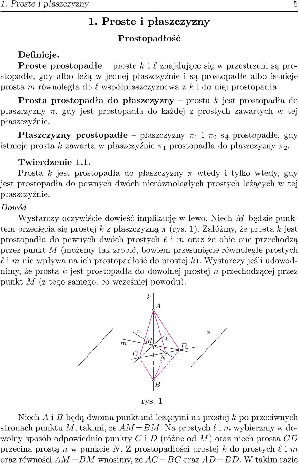 niej prostopadła. Prosta prostopadła do płaszczyzny prosta k jest prostopadła do płaszczyzny π, gdy jest prostopadła do każdej z prostych zawartych w tej płaszczyźnie.