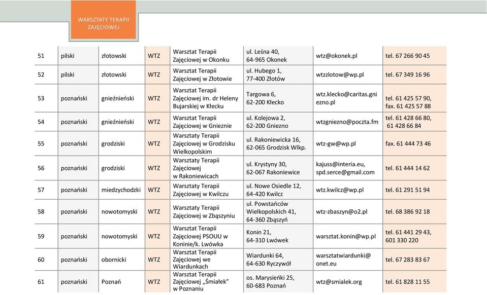 61 425 57 88 54 poznański gnieźnieński WTZ 55 poznański grodziski WTZ 56 poznański grodziski WTZ 57 poznański miedzychodzki WTZ 58 poznański nowotomyski WTZ 59 poznański nowotomyski WTZ 60 poznański