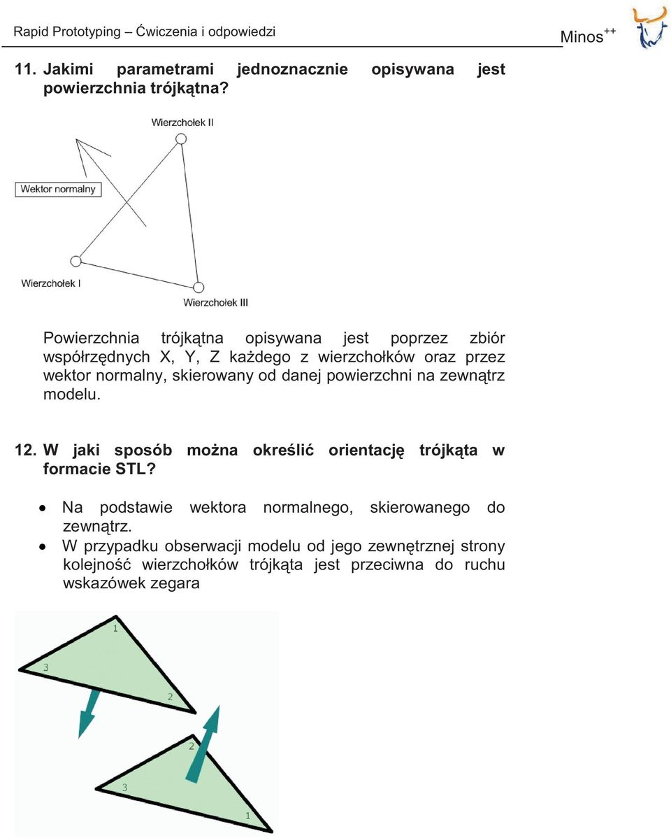 skierowany od danej powierzchni na zewnątrz modelu. 12. W jaki sposób można określić orientację trójkąta w formacie STL?