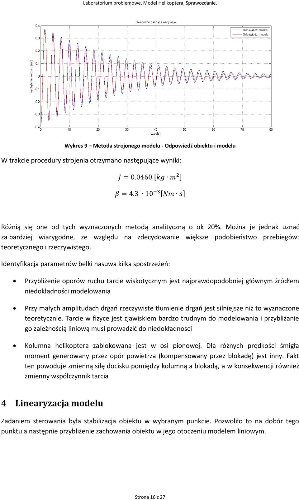 Identyfikacja parametrów belki nasuwa kilka spostrzeżeo: Przybliżenie oporów ruchu tarcie wiskotycznym jest najprawdopodobniej głównym źródłem niedokładności modelowania Przy małych amplitudach drgao