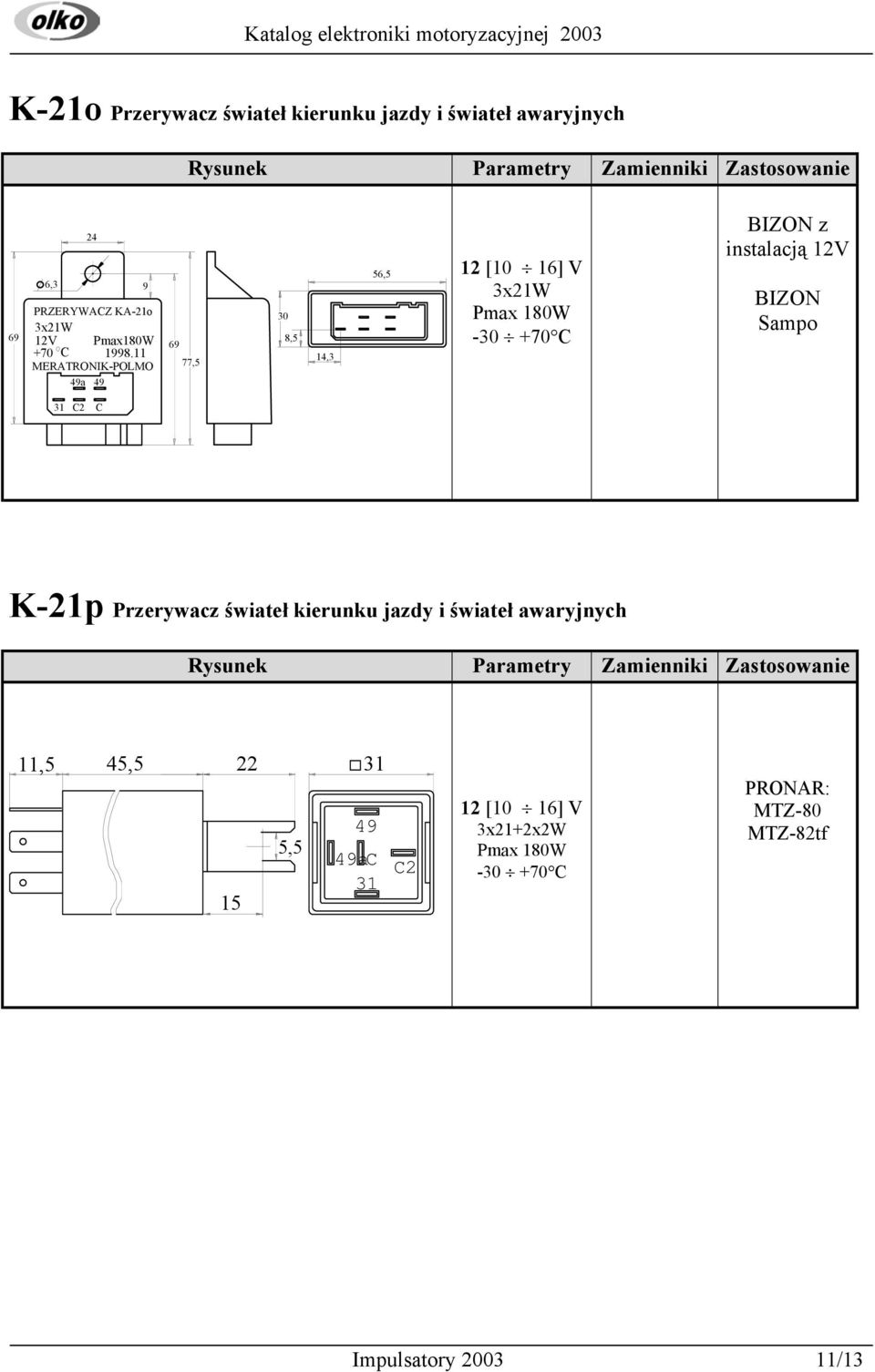 11 4a 4 3x21W BIZON z instalacją 12V BIZON Sampo C2 C K-21p Przerywacz