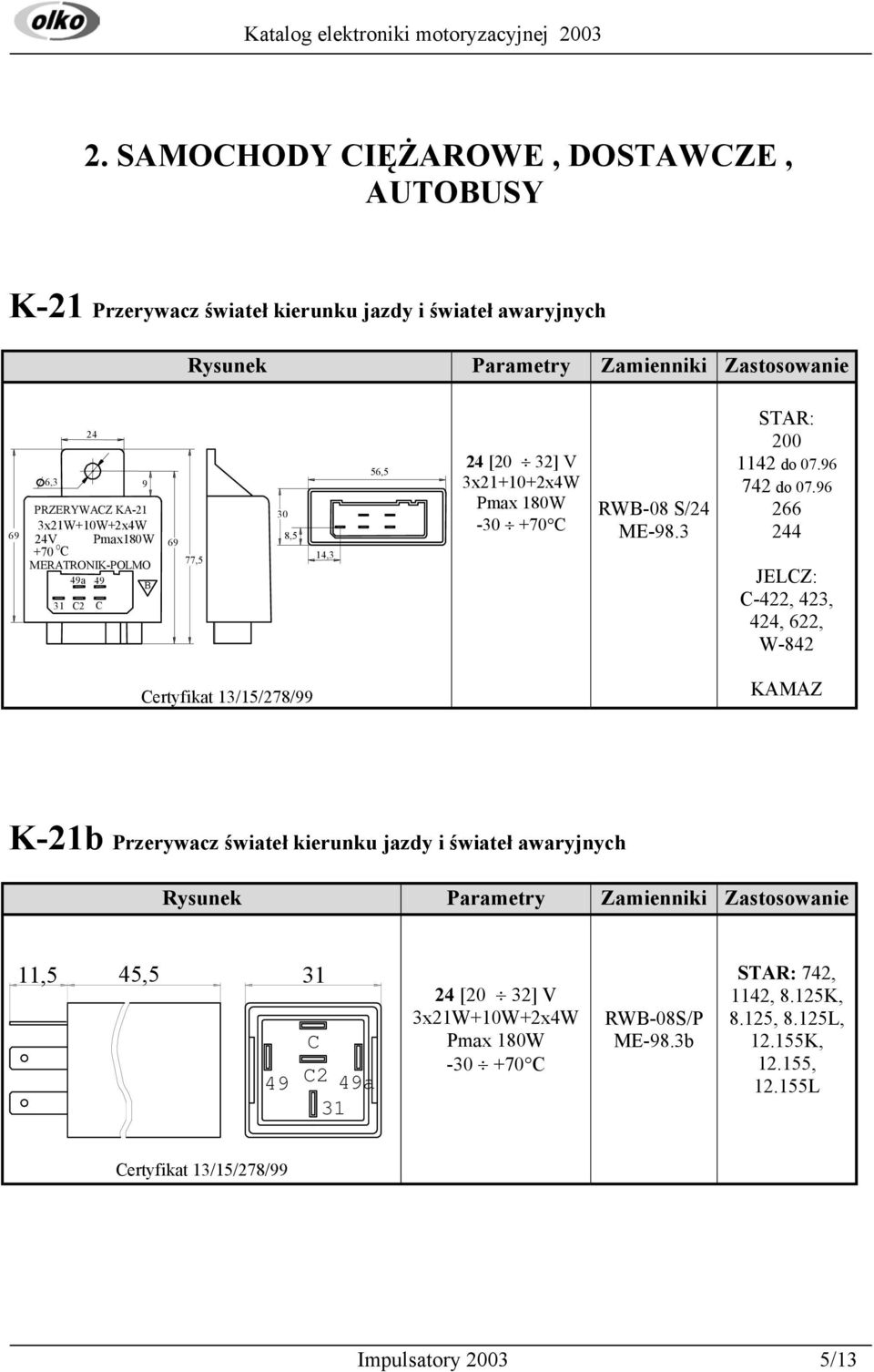 6 266 4 JELCZ: C-422, 423, 4, 622, W-842 Certyfikat 13/15/278/ KAMAZ K-21b Przerywacz świateł kierunku jazdy i świateł awaryjnych