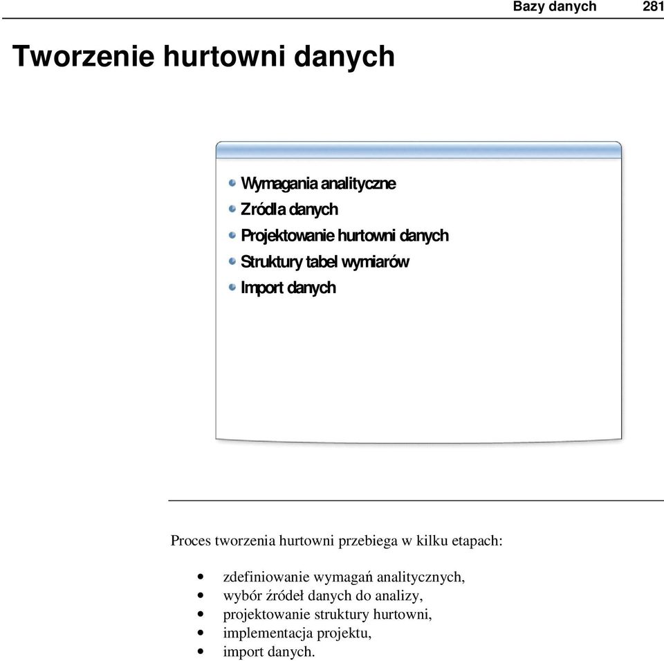 hurtowni przebiega w kilku etapach: zdefiniowanie wymagań analitycznych, wybór źródeł