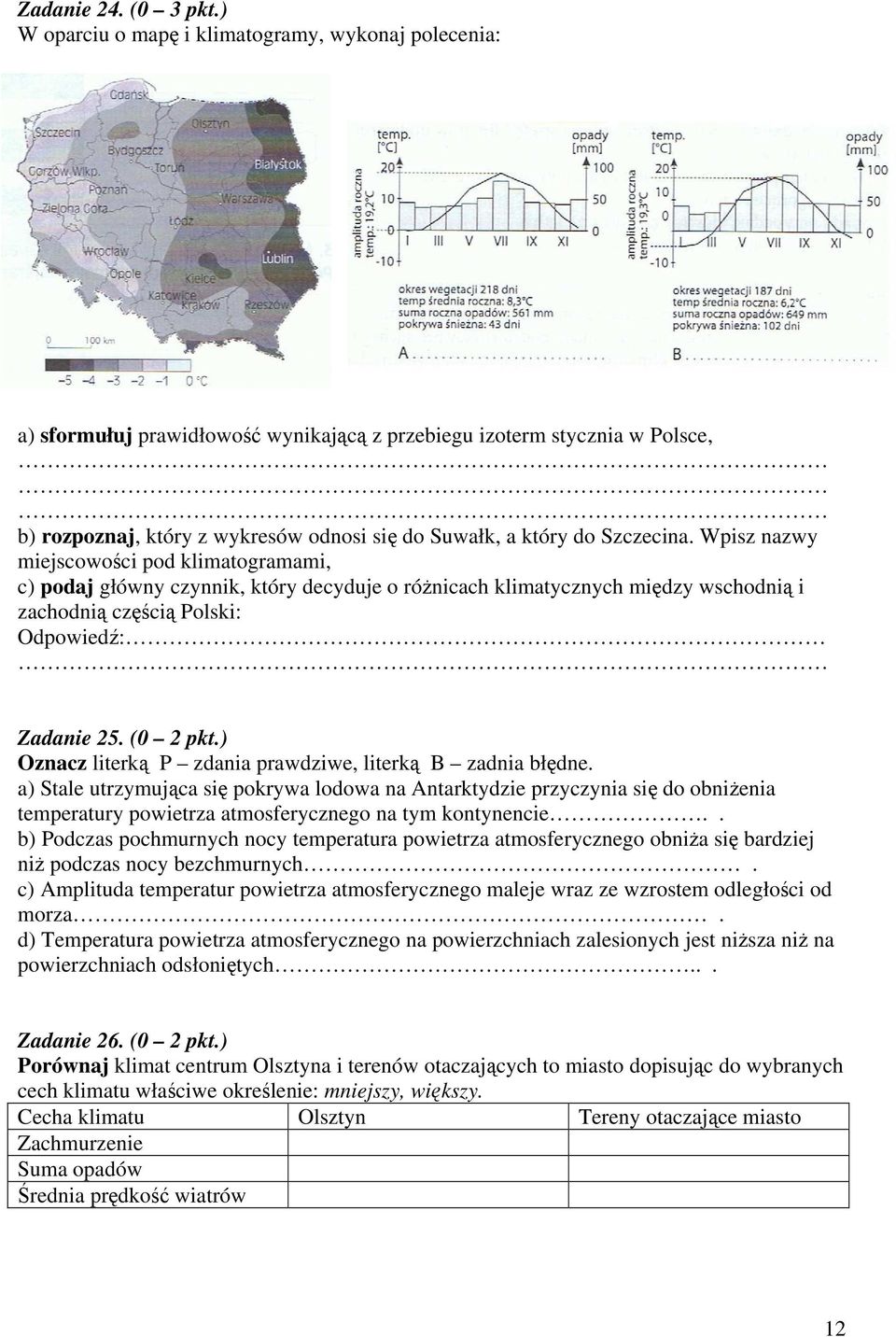 Szczecina. Wpisz nazwy miejscowości pod klimatogramami, c) podaj główny czynnik, który decyduje o różnicach klimatycznych między wschodnią i zachodnią częścią Polski: Odpowiedź: Zadanie 25. (0 2 pkt.