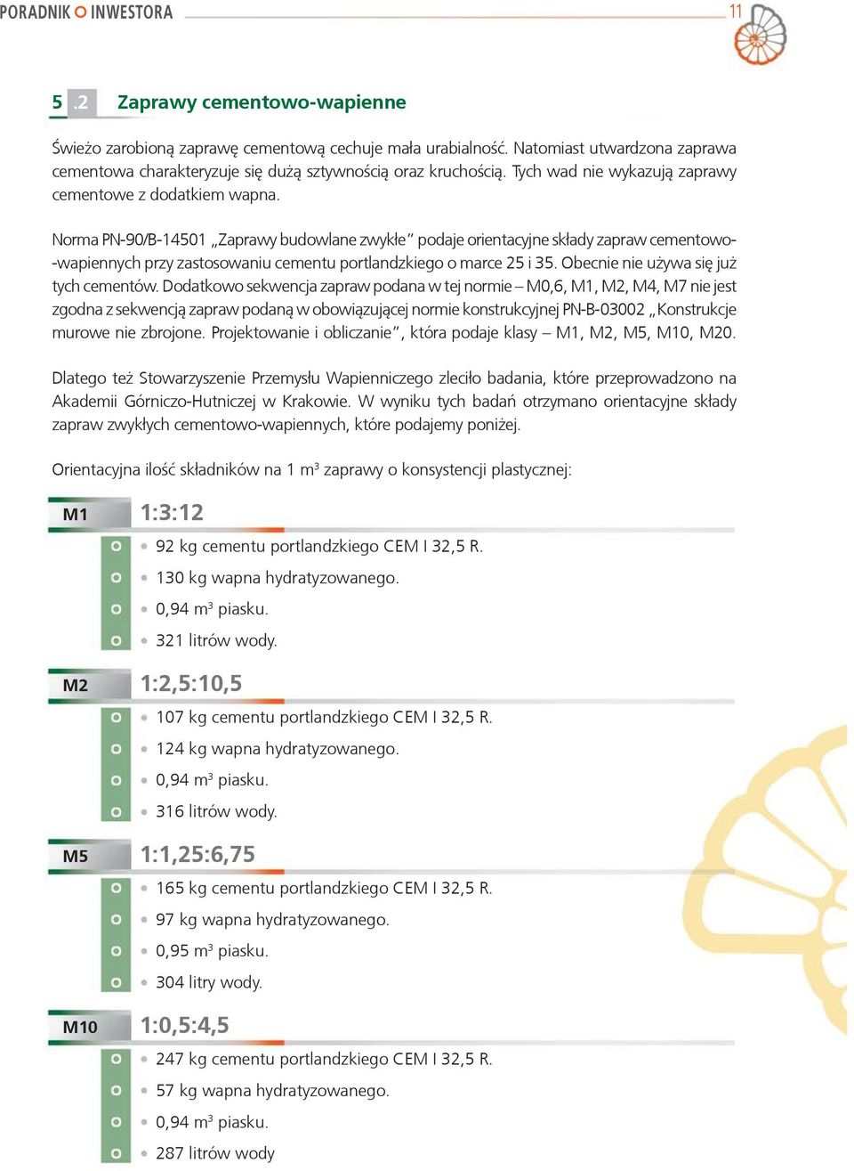 Norma PN-90/B-14501 Zaprawy budowlane zwyk³e podaje orientacyjne sk³ady zapraw cementowo- -wapiennych przy zastosowaniu cementu portlandzkiego o marce 25 i 35. Obecnie nie u ywa siê ju tych cementów.