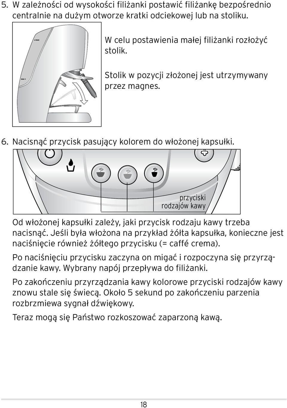 przyciski rodzajów kawy Od włożonej kapsułki zależy, jaki przycisk rodzaju kawy trzeba nacisnąć.