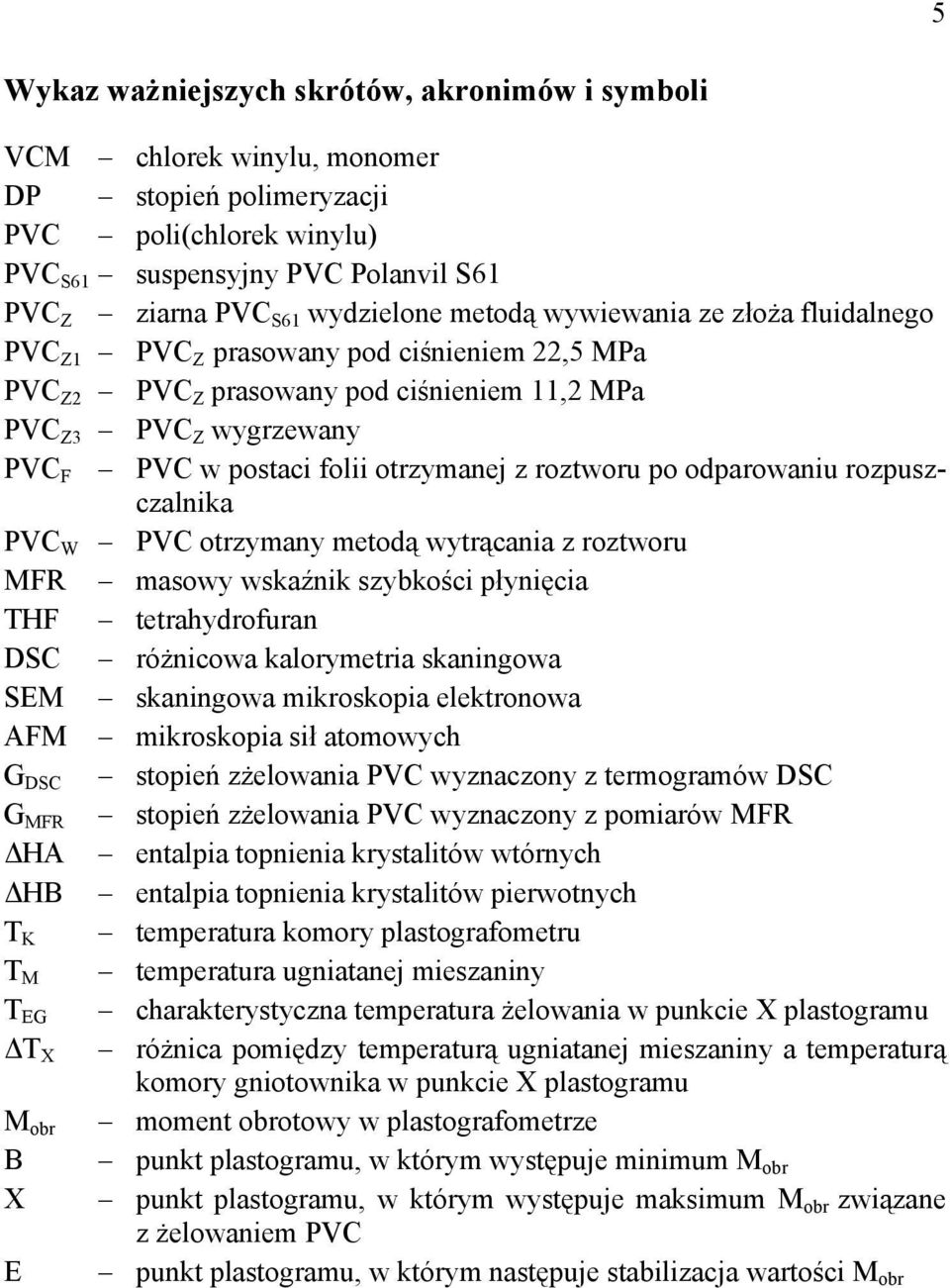 roztworu po odparowaniu rozpuszczalnika PVC W PVC otrzymany metodą wytrącania z roztworu MFR masowy wskaźnik szybkości płynięcia THF tetrahydrofuran DSC różnicowa kalorymetria skaningowa SEM