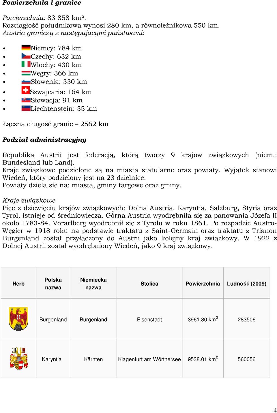 2562 km Podział administracyjny Republika Austrii jest federacją, którą tworzy 9 krajów związkowych (niem.: Bundesland lub Land). Kraje związkowe podzielone są na miasta statularne oraz powiaty.