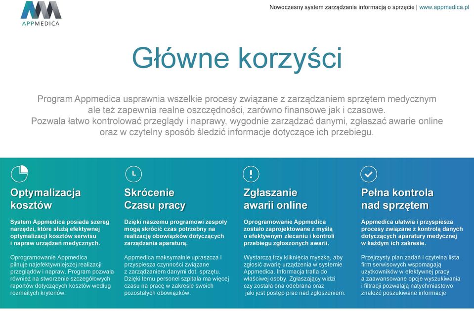 Optymalizacja kosztów Skrócenie Czasu pracy Zgłaszanie awarii online Pełna kontrola nad sprzętem System Appmedica posiada szereg narzędzi, które służą efektywnej optymalizacji kosztów serwisu i