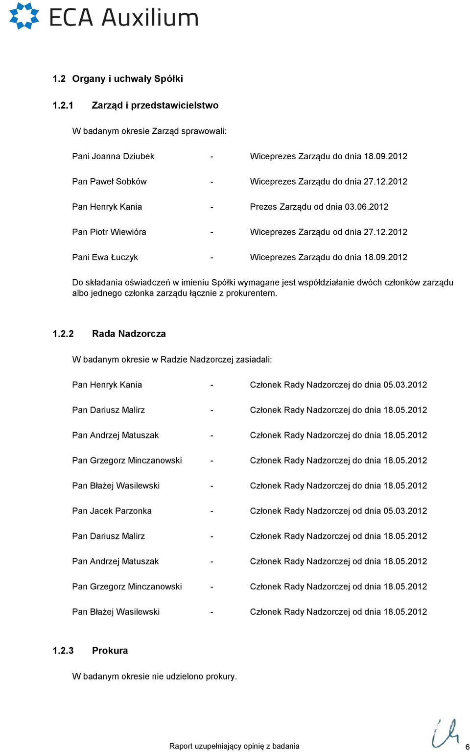 09.2012 Do składania oświadczeń w imieniu Spółki wymagane jest współdziałanie dwóch członków zarządu albo jednego członka zarządu łącznie z prokurentem. 1.2.2 Rada Nadzorcza W badanym okresie w Radzie Nadzorczej zasiadali: Pan Henryk Kania - Członek Rady Nadzorczej do dnia 05.