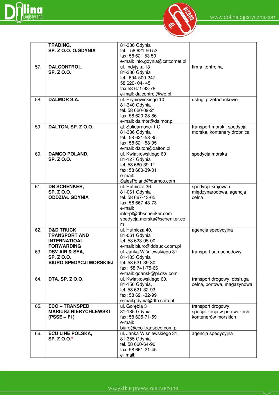 D&D TRUCK TRANSPORT AND INTERNATIOAL FORWARDING 63. DSV AIR & SEA, BIURO SPEDYCJI MORSKIEJ ul. Kwiatkowskiego 60 81-127 Gdynia tel. 58 660-39-11 fax: 58 660-39-01 SalesPoland@damco.com ul.