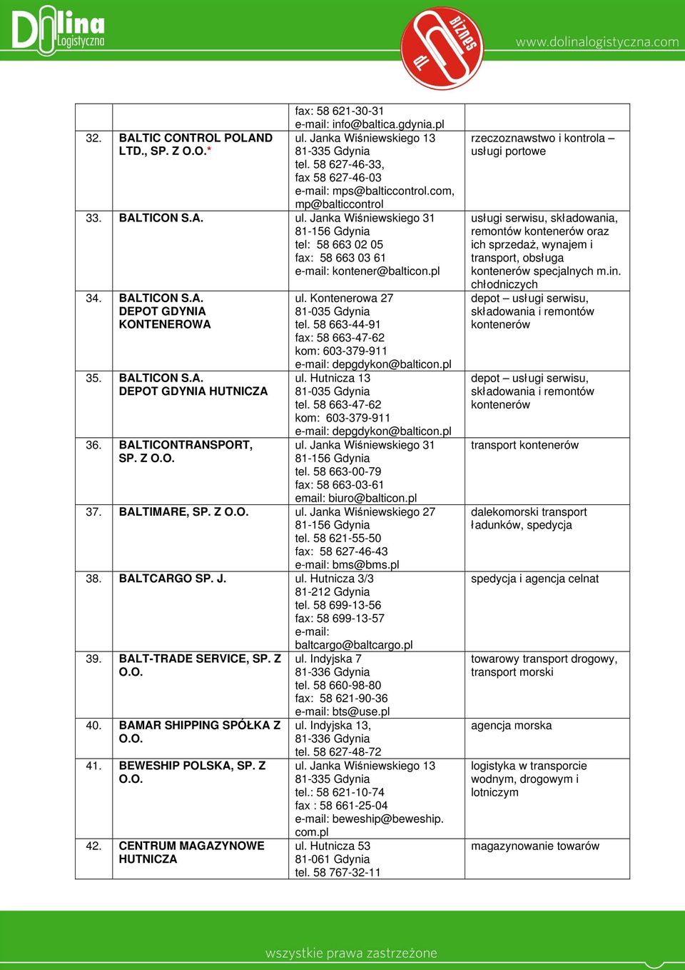 BALTICONTRANSPORT, ul. Kontenerowa 27 81-035 Gdynia tel. 58 663-44-91 fax: 58 663-47-62 kom: 603-379-911 depgdykon@balticon.pl ul. Hutnicza 13 81-035 Gdynia tel.