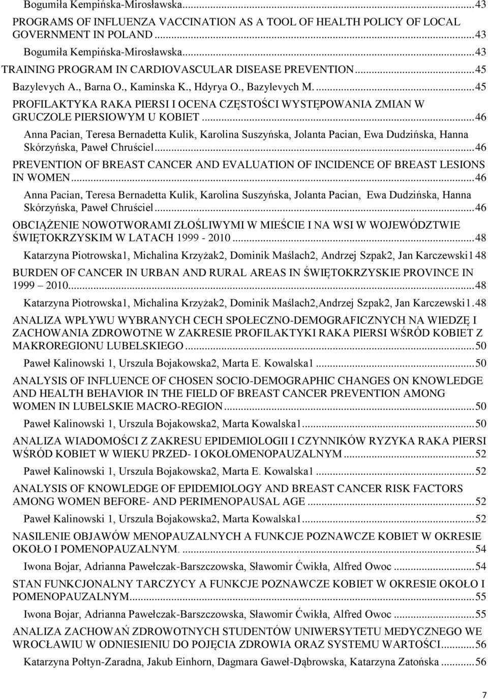 ... 45 PROFILAKTYKA RAKA PIERSI I OCENA CZĘSTOŚCI WYSTĘPOWANIA ZMIAN W GRUCZOLE PIERSIOWYM U KOBIET.