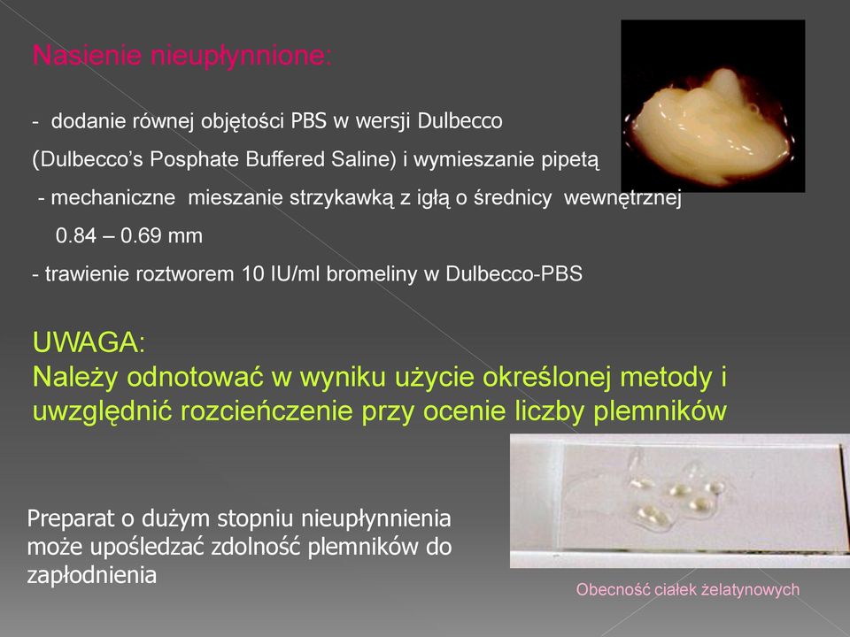 69 mm - trawienie roztworem 10 IU/ml bromeliny w Dulbecco-PBS UWAGA: Należy odnotować w wyniku użycie określonej metody i