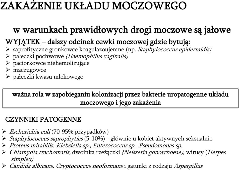 uropatogenne układu moczowego i jego zakażenia CZYNNIKI PATOGENNE Escherichia coli (70-95% przypadków) Staphylococcus saprophytics (5-10%) - głównie u kobiet aktywnych seksualnie Proteus