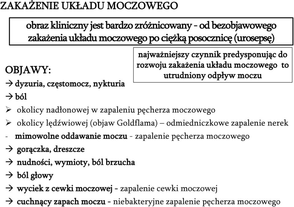 mimowolne oddawanie moczu - zapalenie pęcherza moczowego gorączka, dreszcze nudności, wymioty, ból brzucha ból głowy najważniejszy czynnik predysponując do