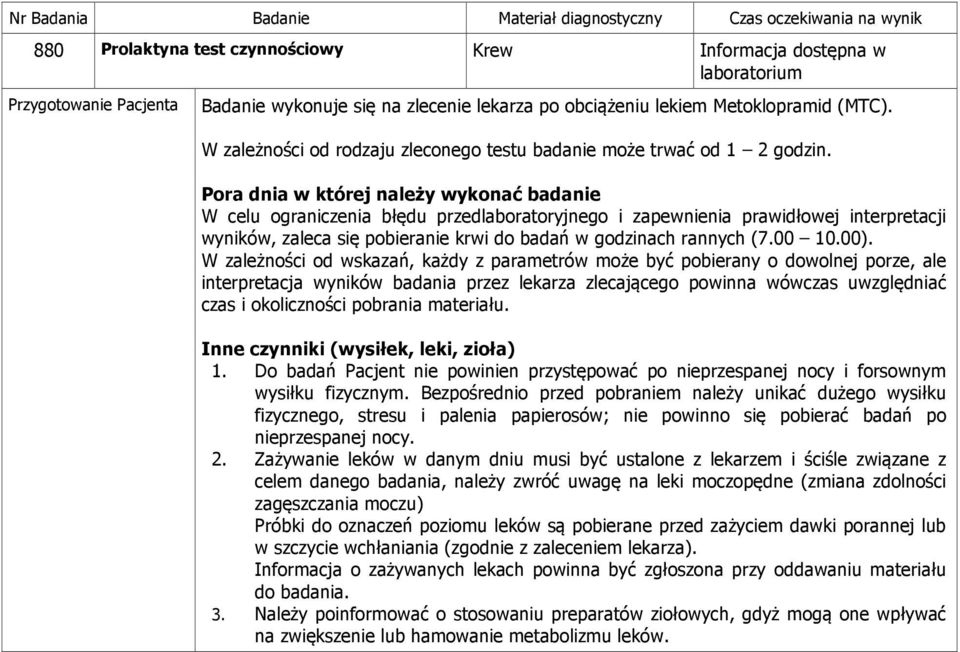 Pora dnia w której należy wykonać badanie W celu ograniczenia błędu przedlaboratoryjnego i zapewnienia prawidłowej interpretacji wyników, zaleca się pobieranie krwi do badań w godzinach rannych (7.