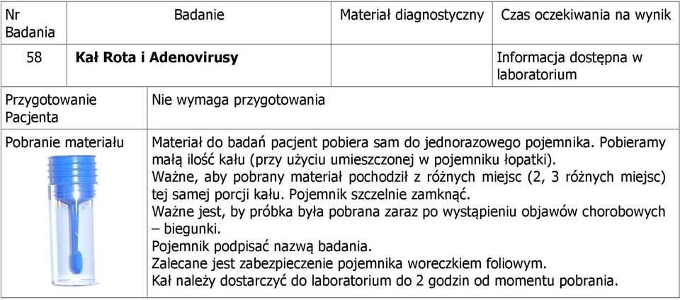 Ważne, aby pobrany materiał pochodził z różnych miejsc (2, 3 różnych miejsc) tej samej porcji kału. Pojemnik szczelnie zamknąć.