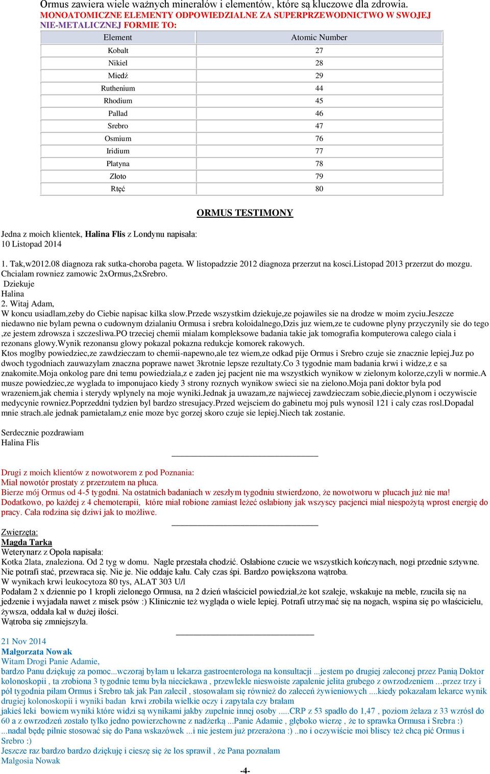 27 Nikiel 28 Miedź 29 Ruthenium 44 Rhodium 45 Pallad 46 Srebro 47 Osmium 76 Iridium 77 Platyna 78 Złoto 79 Rtęć 80 ORMUS TESTIMONY 1. Tak,w2012.08 diagnoza rak sutka-choroba pageta.