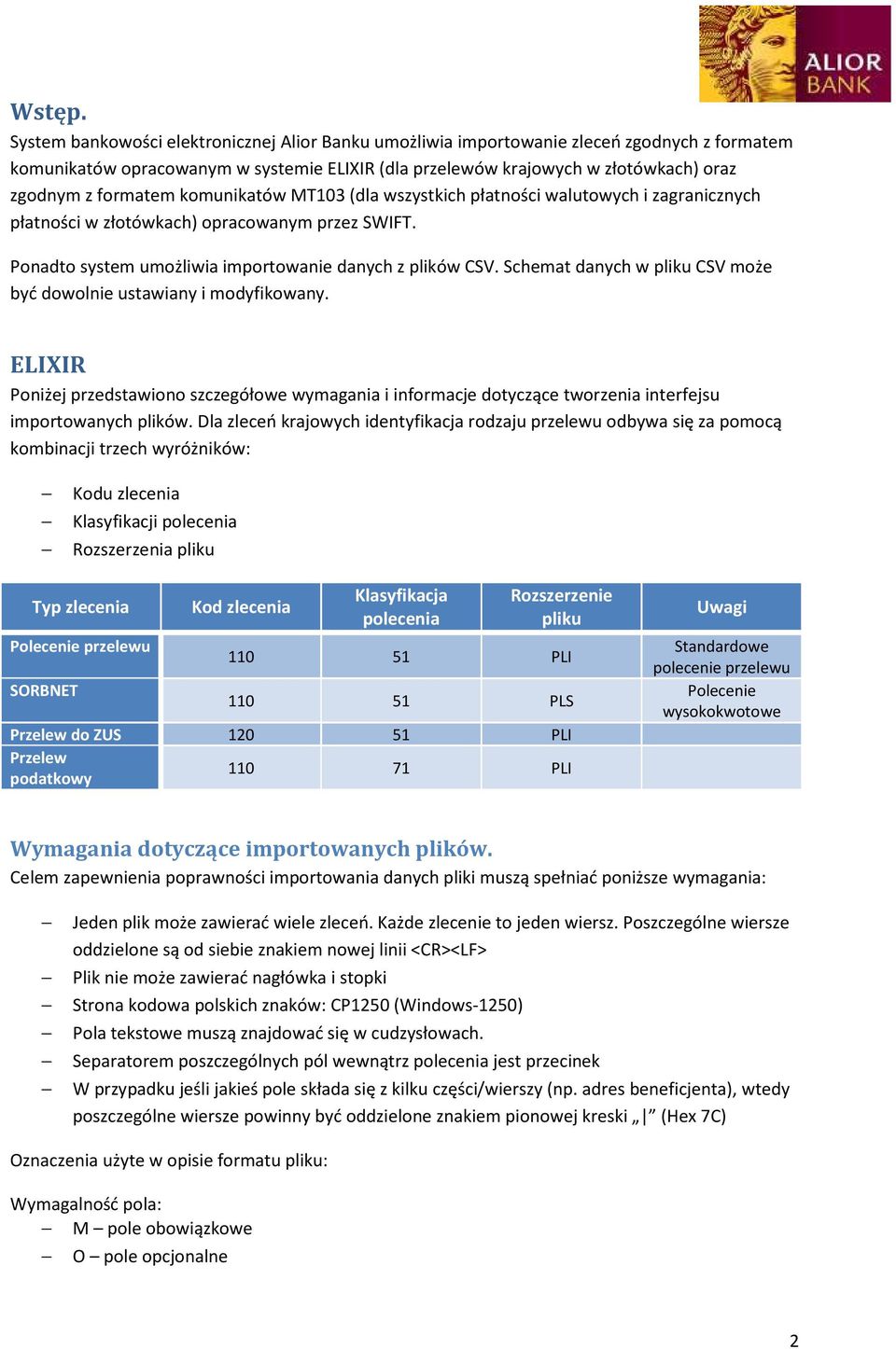 komunikatów MT103 (dla wszystkich płatności walutowych i zagranicznych płatności w złotówkach) opracowanym przez SWIFT. Ponadto system umożliwia importowanie danych z plików CSV.