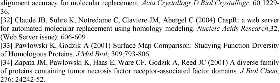 Nucleic Acids Research,32, (Web Server issue): 606-609 [33] Pawlowski K, Godzik A (2001) Surface Map Comparison: Studying Function Diversity of Homologous