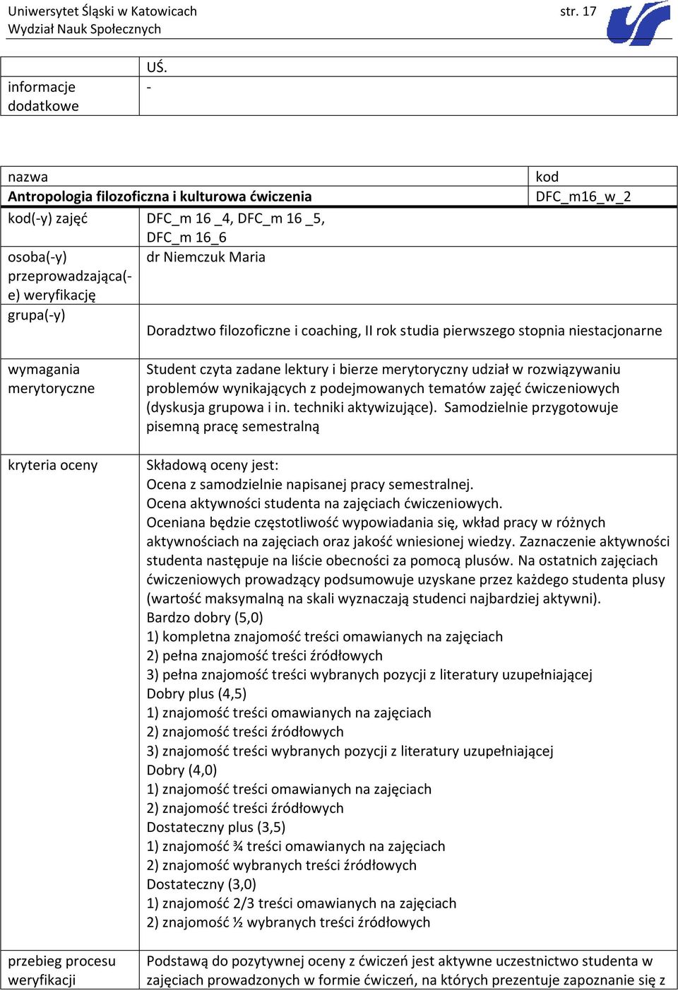 coaching, II rok studia pierwszego stopnia niestacjonarne wymagania merytoryczne kryteria oceny przebieg procesu weryfikacji Student czyta zadane lektury i bierze merytoryczny udział w rozwiązywaniu