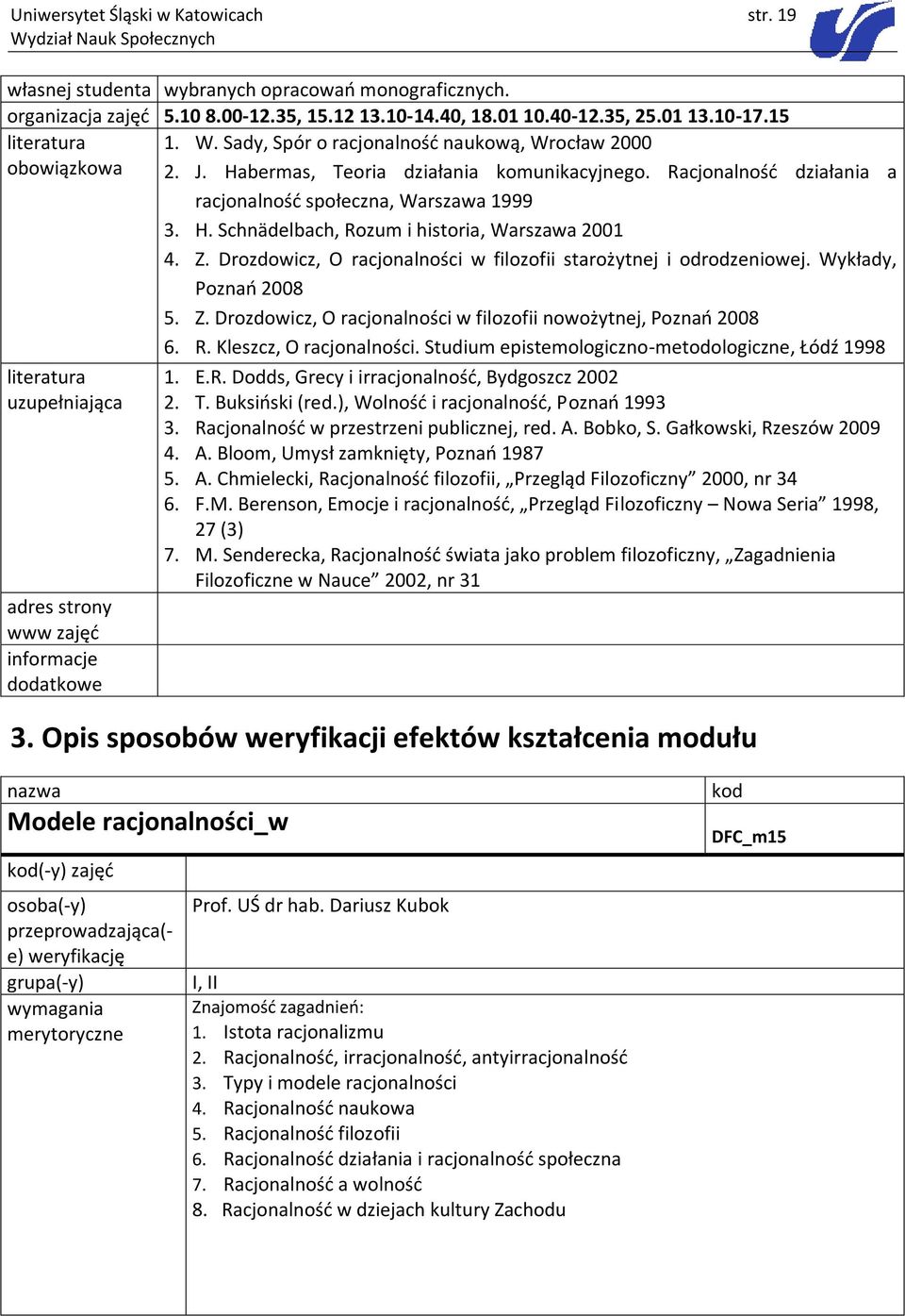 Z. Drozdowicz, O racjonalności w filozofii starożytnej i odrodzeniowej. Wykłady, Poznań 2008 5. Z. Drozdowicz, O racjonalności w filozofii nowożytnej, Poznań 2008 6. R. Kleszcz, O racjonalności.