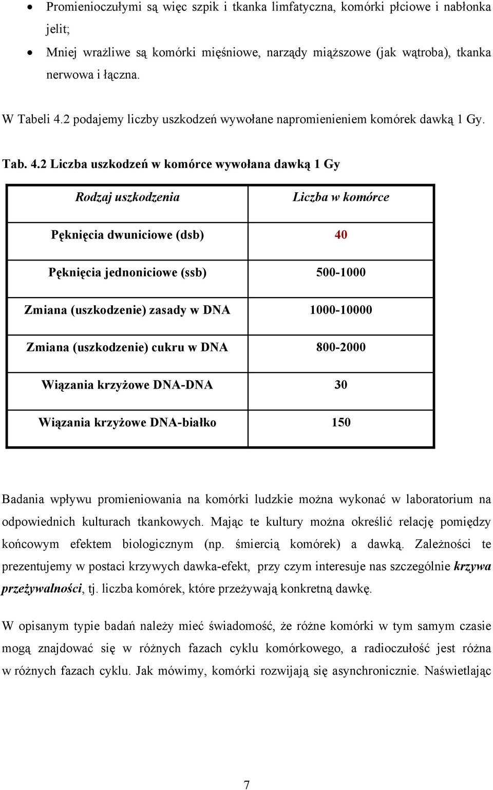 2 Liczba uszkodzeń w komórce wywołana dawką 1 Gy Rodzaj uszkodzenia Liczba w komórce Pęknięcia dwuniciowe (dsb) Pęknięcia jednoniciowe (ssb) Zmiana (uszkodzenie) zasady w DNA Zmiana (uszkodzenie)