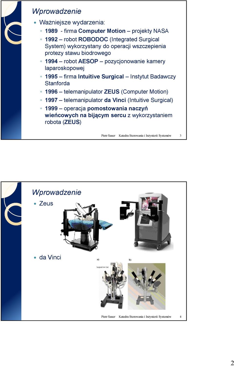 1996 telemanipulator ZEUS (Computer Motion) 1997 telemanipulator da Vinci (Intuitive Surgical) 1999 operacja pomostowania naczyń wieńcowych na bijącym