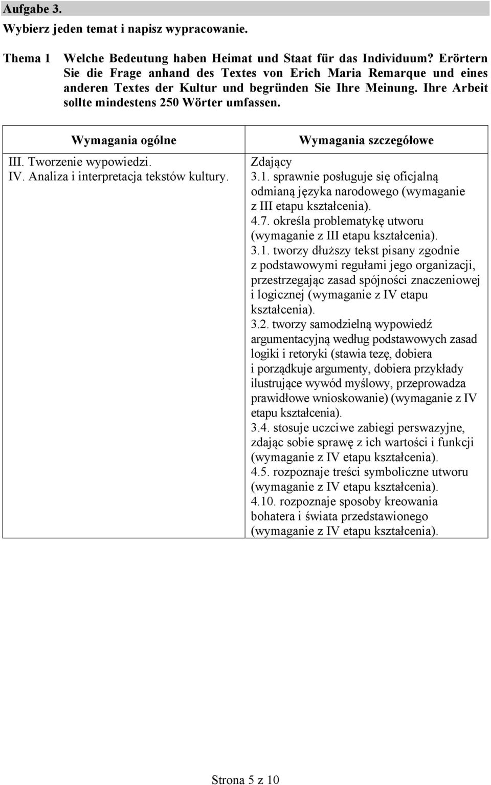 Wymagania ogólne III. Tworzenie wypowiedzi. IV. Analiza i interpretacja tekstów kultury. Wymagania szczegółowe Zdający 3.. sprawnie posługuje się oficjalną odmianą języka narodowego (wymaganie z III.