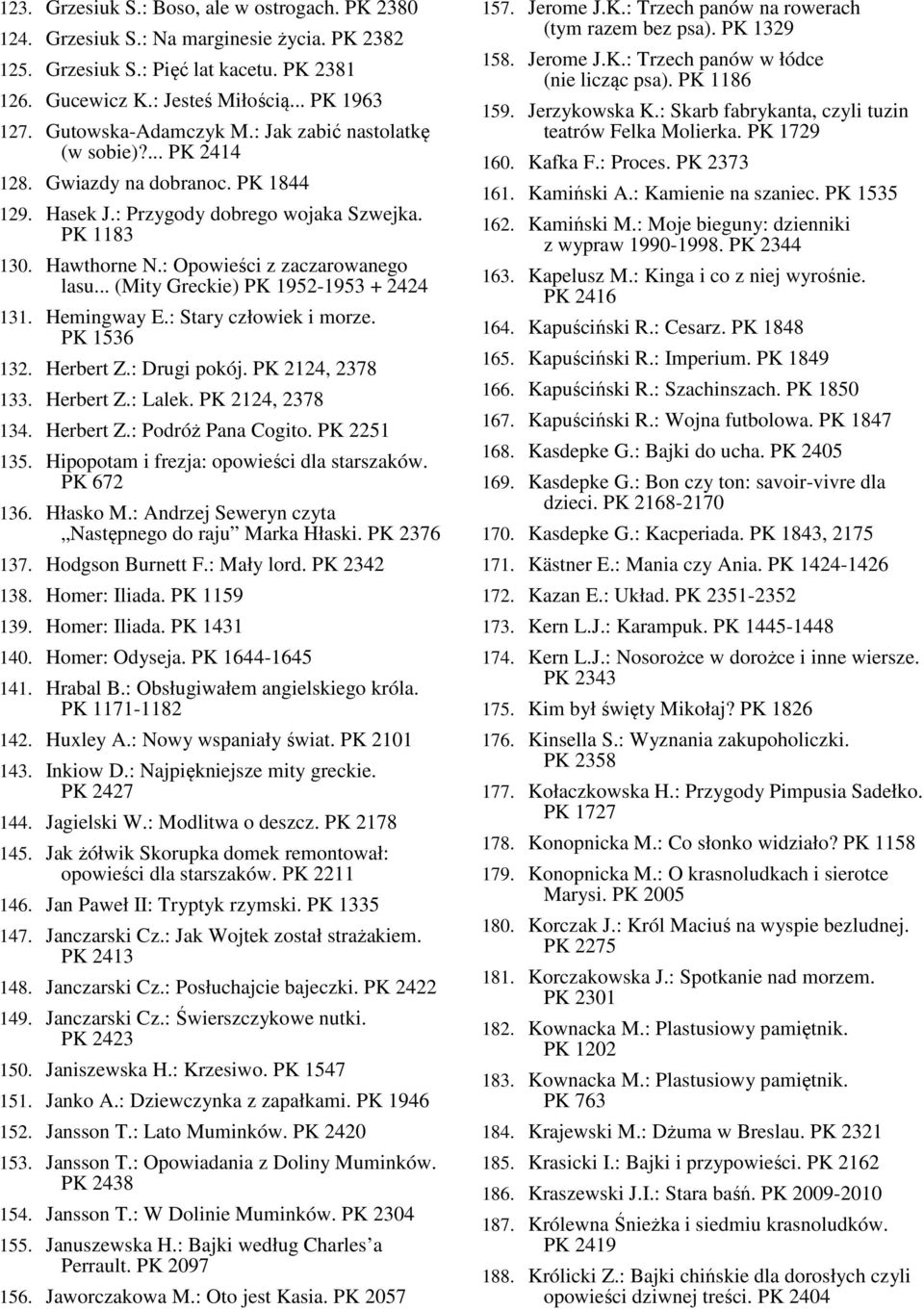 : Opowieści z zaczarowanego lasu... (Mity Greckie) PK 1952-1953 + 2424 131. Hemingway E.: Stary człowiek i morze. PK 1536 132. Herbert Z.: Drugi pokój. PK 2124, 2378 133. Herbert Z.: Lalek.