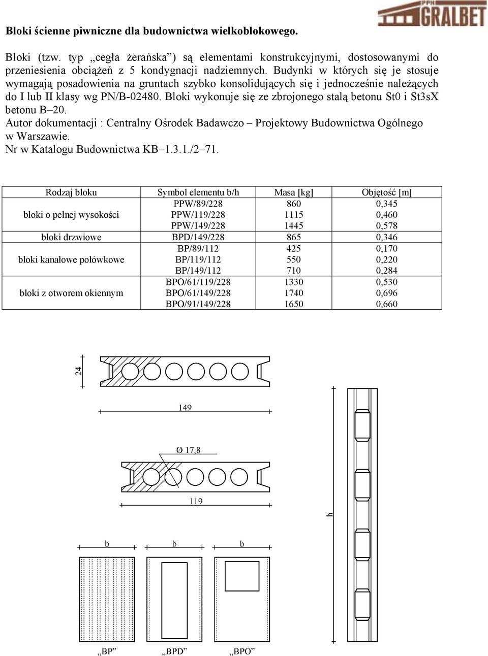 Bloki wykonuje się ze zbrojonego stalą betonu St0 i St3sX betonu B 20. Nr w Katalogu Budownictwa KB 1.3.1./2 71.