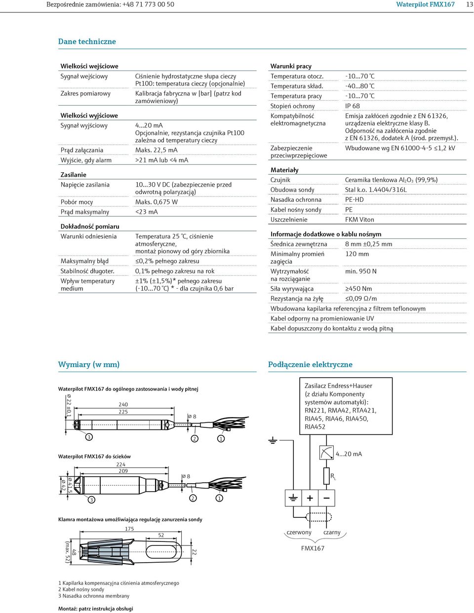 Wpływ temperatury medium Ciśnienie hydrostatyczne słupa cieczy Pt100: temperatura cieczy (opcjonalnie) Kalibracja fabryczna w [bar] (patrz kod zamówieniowy) 4 20 ma Opcjonalnie, rezystancja czujnika