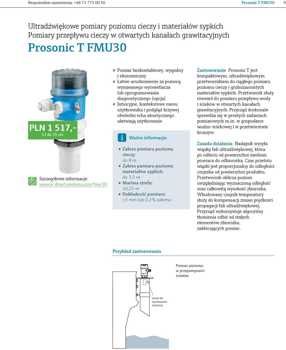 com/fmu30 Pomiar bezkontaktowy, wygodny i ekonomiczny Łatwe uruchomienie za pomocą wymiennego wyświetlacza lub oprogramowania diagnostycznego (opcja) Intuicyjne, kontekstowe menu użytkownika i