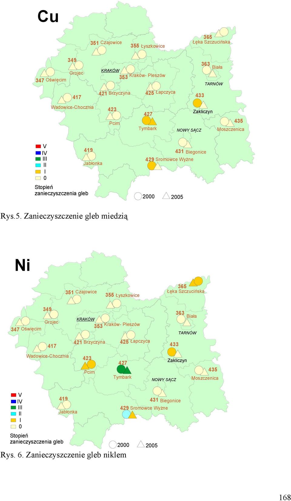 Tymbark NOWY SĄCZ Moszczenica V 0 419 Stopień zanieczyszczenia gleb Jabłonka 431 Biegonice 429 Sromowce Wyżne 2000 2005 