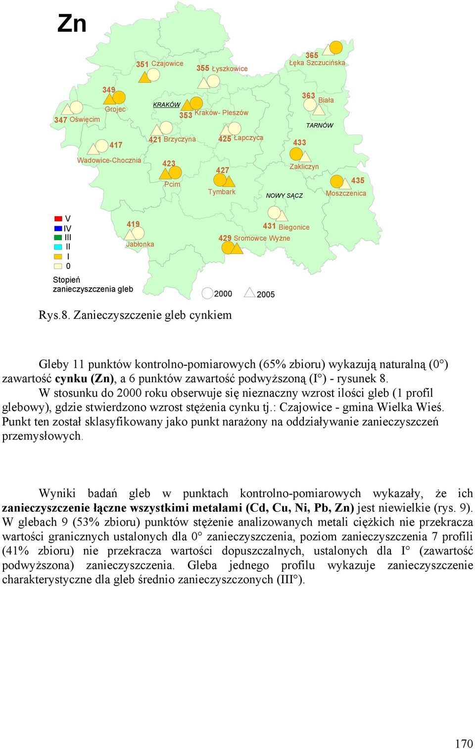 Zanieczyszczenie gleb cynkiem Gleby 11 punktów kontrolno-pomiarowych (65% zbioru) wykazują naturalną (0 ) zawartość cynku (Zn), a 6 punktów zawartość podwyższoną ( ) - rysunek 8.