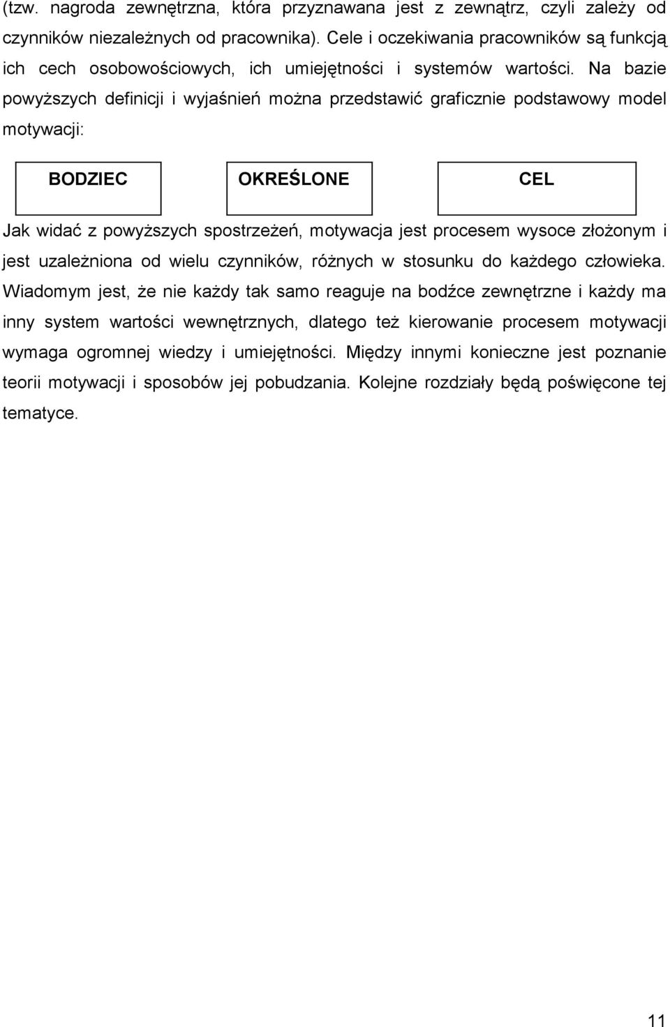 Na bazie powyższych definicji i wyjaśnień można przedstawić graficznie podstawowy model motywacji: BODZIEC OKREŚLONE CEL Jak widać z powyższych spostrzeżeń, motywacja jest procesem wysoce złożonym i