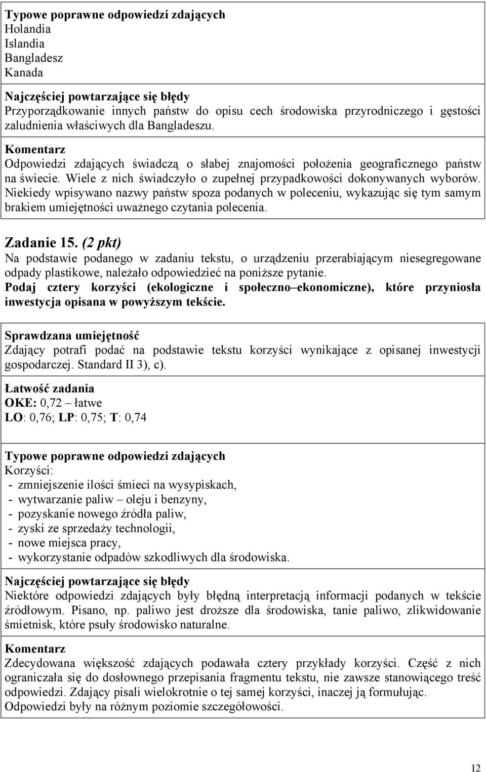 Niekiedy wpisywano nazwy państw spoza podanych w poleceniu, wykazując się tym samym brakiem umiejętności uważnego czytania polecenia. Zadanie 15.