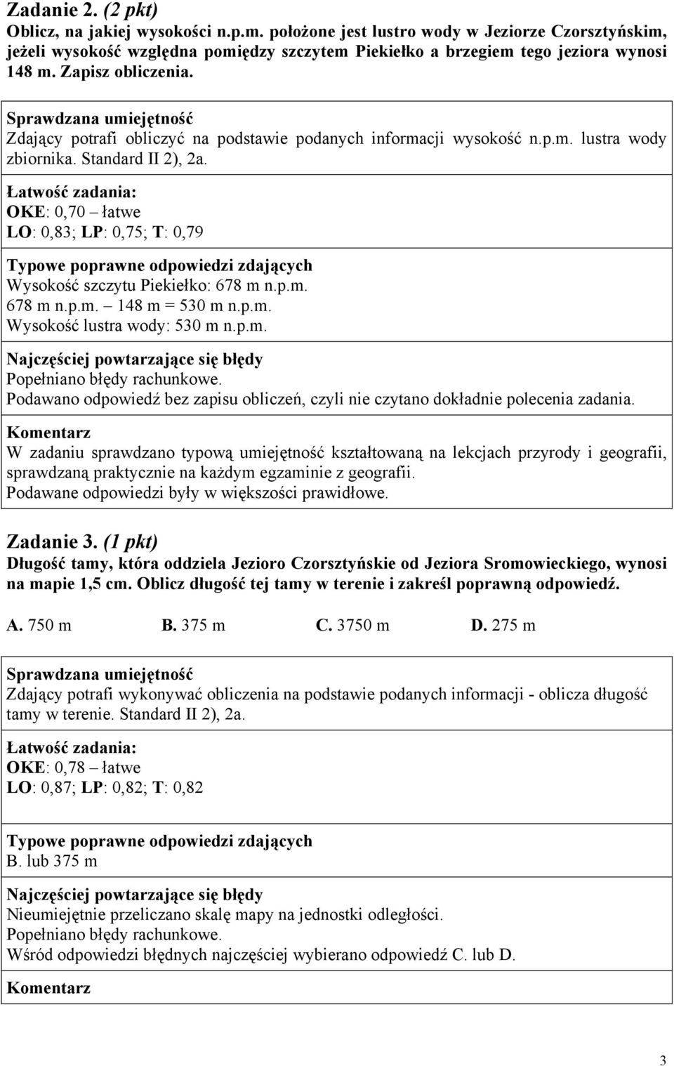 : OKE: 0,70 łatwe LO: 0,83; LP: 0,75; T: 0,79 Wysokość szczytu Piekiełko: 678 m n.p.m. 678 m n.p.m. 148 m = 530 m n.p.m. Wysokość lustra wody: 530 m n.p.m. Popełniano błędy rachunkowe.