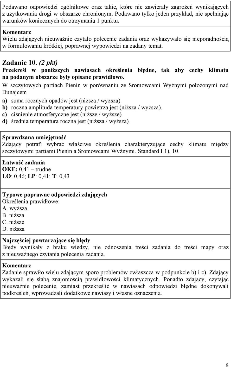 Wielu zdających nieuważnie czytało polecenie zadania oraz wykazywało się nieporadnością w formułowaniu krótkiej, poprawnej wypowiedzi na zadany temat. Zadanie 10.