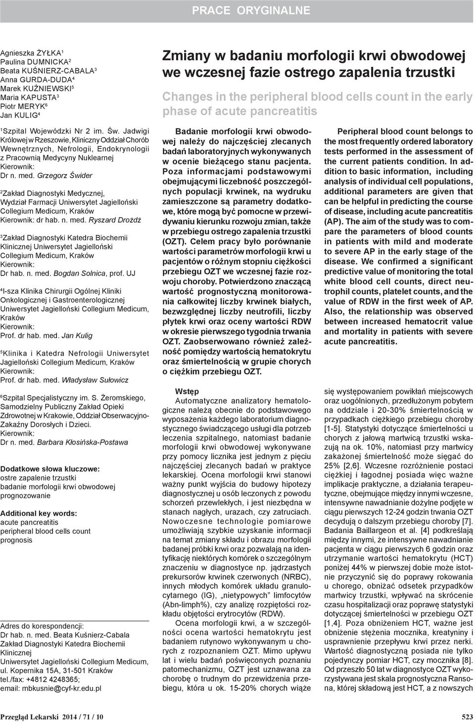 Jadwigi Królowej w Rzeszowie, Kliniczny Oddział Chorób Wewnętrznych, Nefrologii, Endokrynologii z Pracownią Medycyny Nuklearnej Dr n. med.