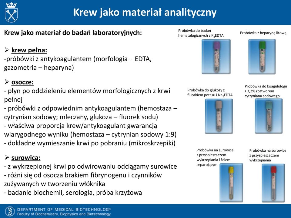 sodu) - właściwa proporcja krew/antykoagulant gwarancją wiarygodnego wyniku (hemostaza cytrynian sodowy 1:9) - dokładne wymieszanie krwi po pobraniu (mikroskrzepiki) surowica: - z wykrzepionej krwi