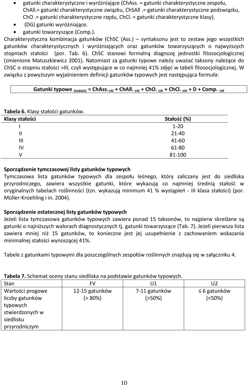 ) syntaksonu jest to zestaw jego wszystkich gatunków charakterystycznych i wyróżniających oraz gatunków towarzyszących o najwyższych stopniach stałości (por. Tab. 6).