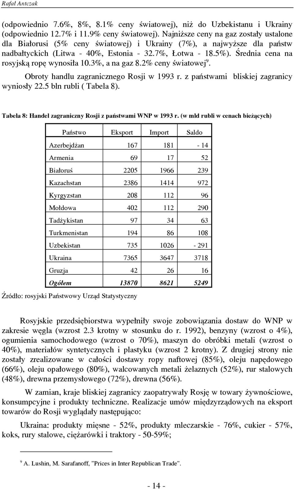 Œrednia cena na rosyjsk¹ ropê wynosi³a 10.3%, a na gaz 8.2% ceny œwiatowej 9. Obroty handlu zagranicznego Rosji w 1993 r. z pañstwami bliskiej zagranicy wynios³y 22.5 bln rubli ( Tabela 8).